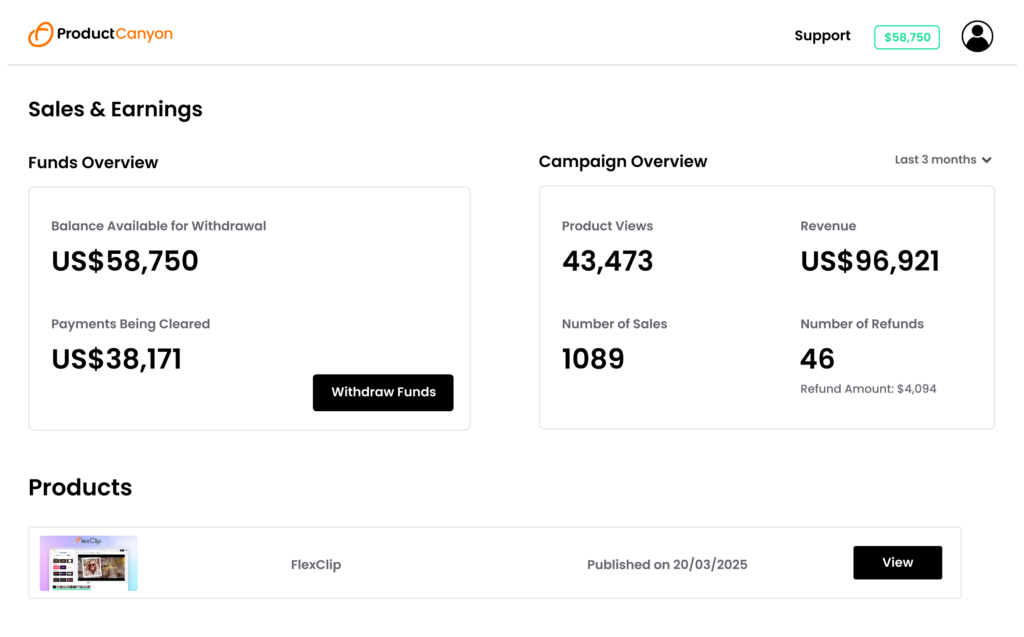 Product Canyon Seller Dashboard